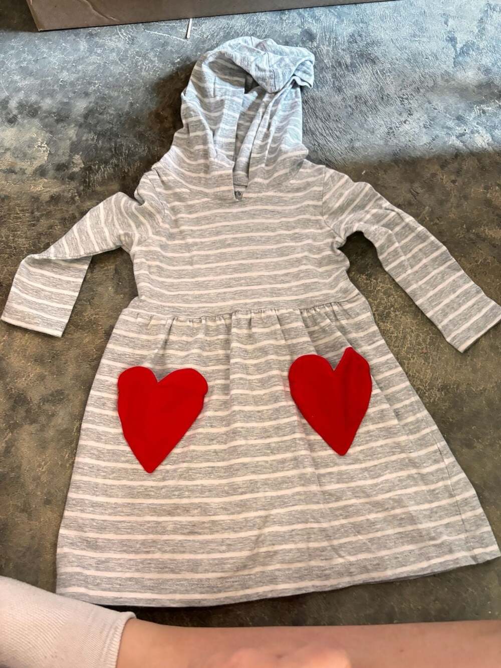 Carters Gray and White Striped Long Sleeve Hooded Dress with Red Heart Pockets